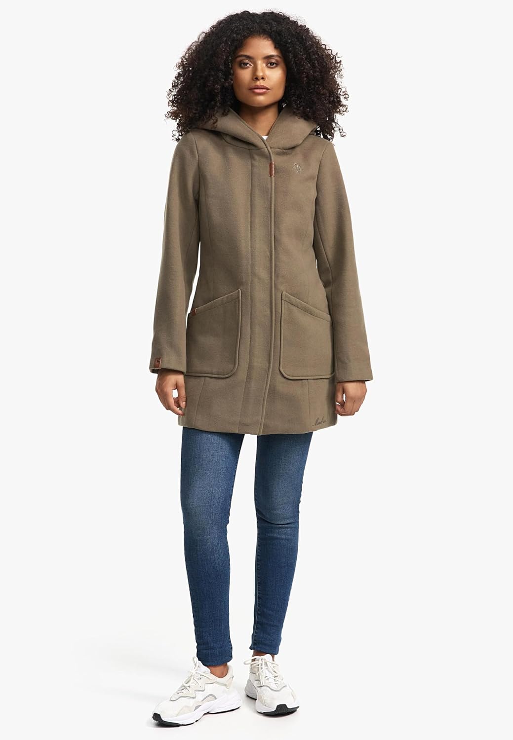 MARIKOO Damen Mantel in Wollmantel-Optik Warmer Trenchcoat mit Kapuze Maikoo XS-5XL XL Stone Brown,