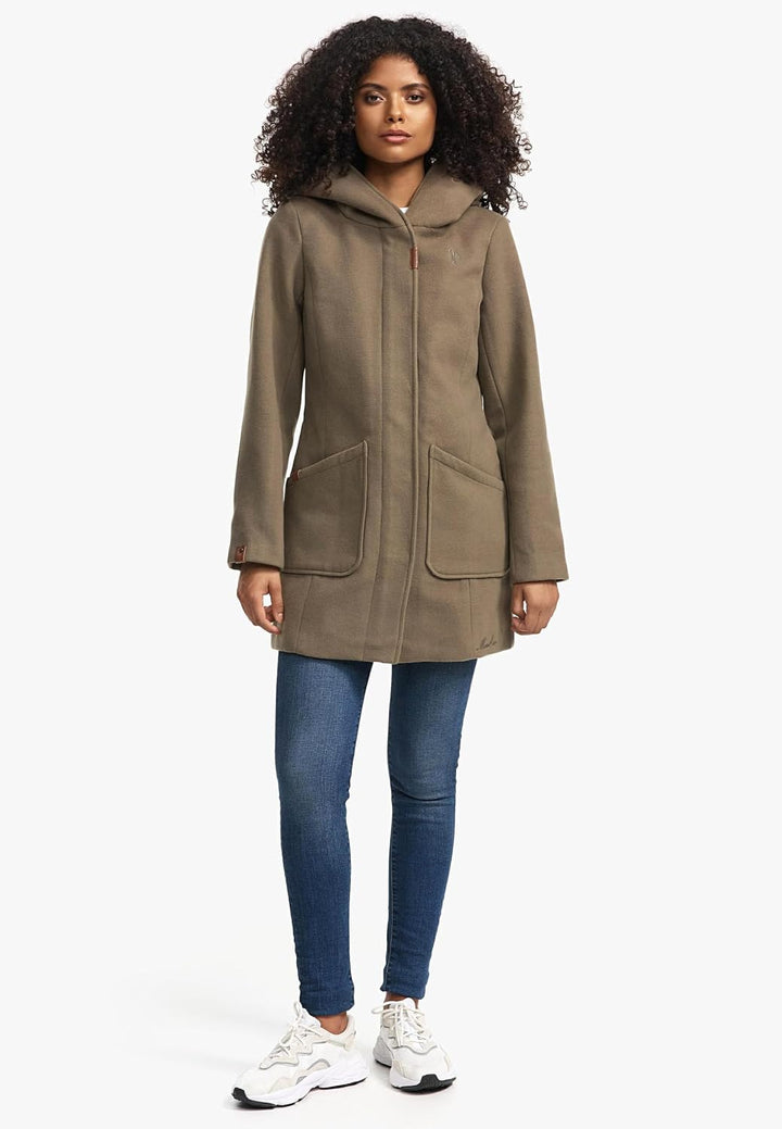 MARIKOO Damen Mantel in Wolloptik Warmer Trenchcoat mit Kapuze Maikoo XS-5XL, S Stone Brown