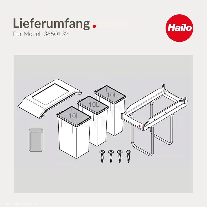 Hailo Abfallsammler Tandem 3650132 | für Schränke ab 300 mm Breite | Einbau Mülleimer 3x 10 l mit Bi
