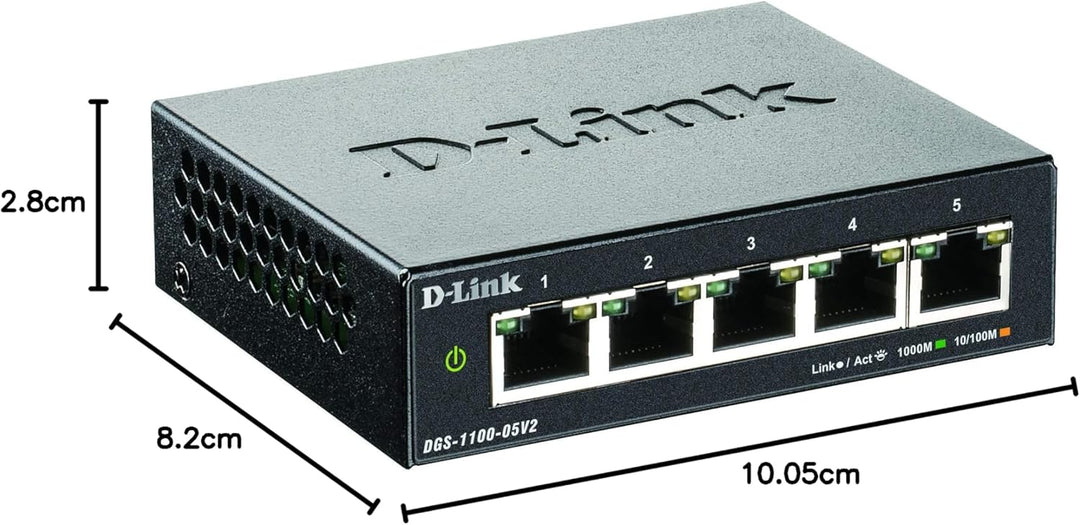 D-Link DGS-1100-05V2 5-Port Gigabit Smart Switch (10/100/1000 Mbit/s, lüfterlos, Metallgehäuse), Sch