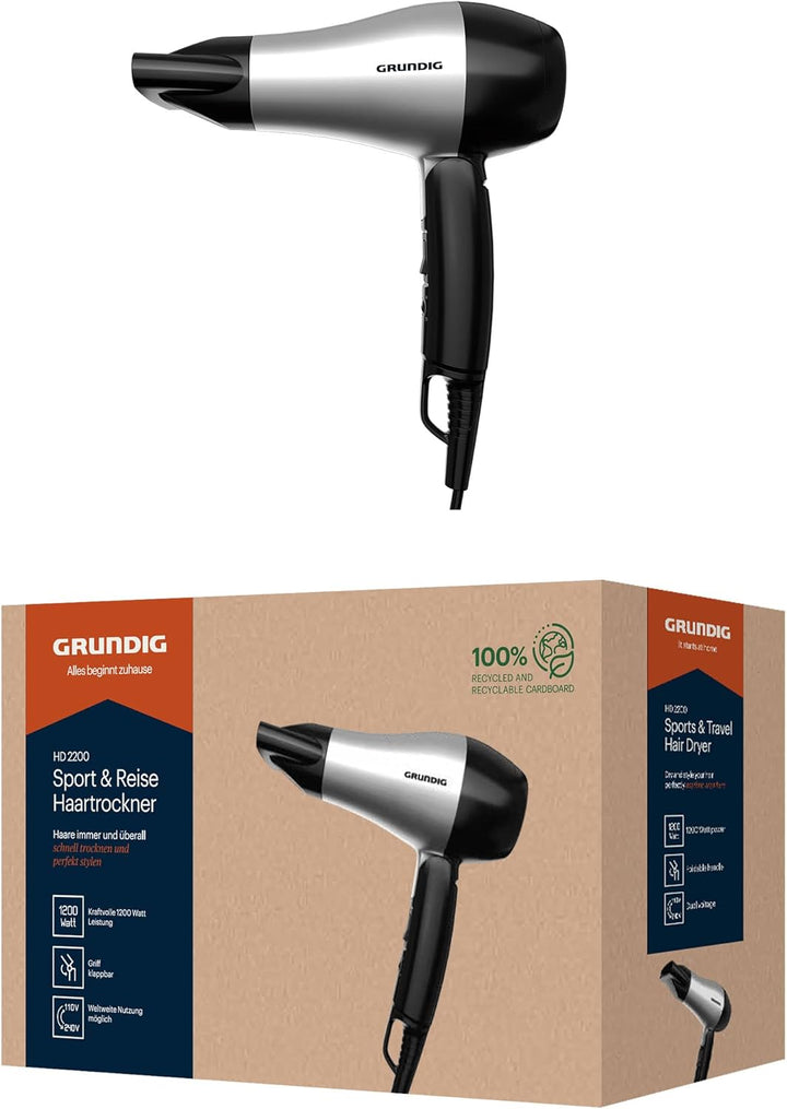 Grundig HD 2200 Sport- & Reisehaartrockner, Föhn, Reiseföhn, 1200 Watt, 2 Temperaturstufen, 2 Luftst