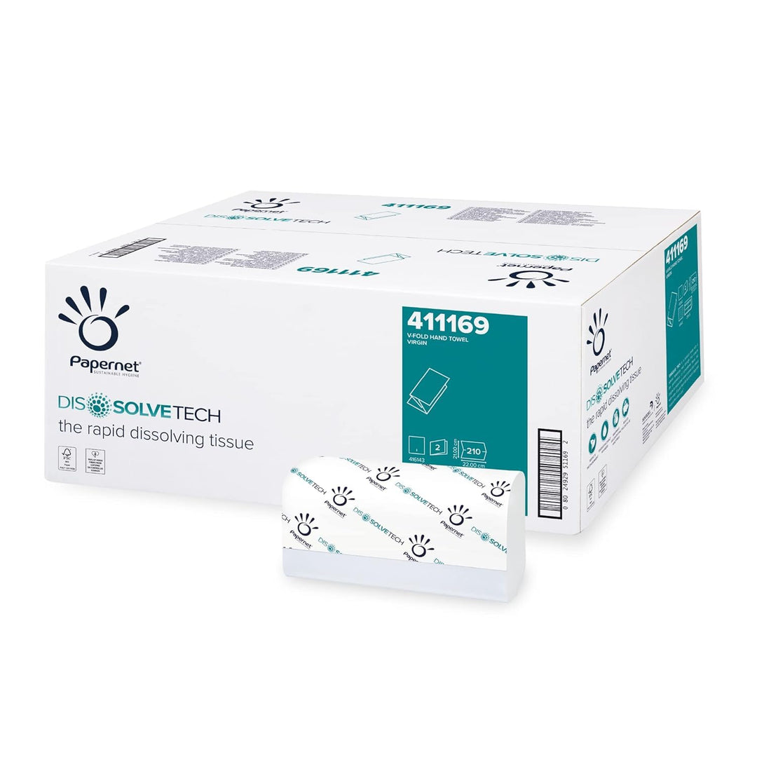 Papernet DissolveTech 411169 V-Falz Papierhandtuch, 2-lagig schnell lösliche Papierhandtücher, weiss