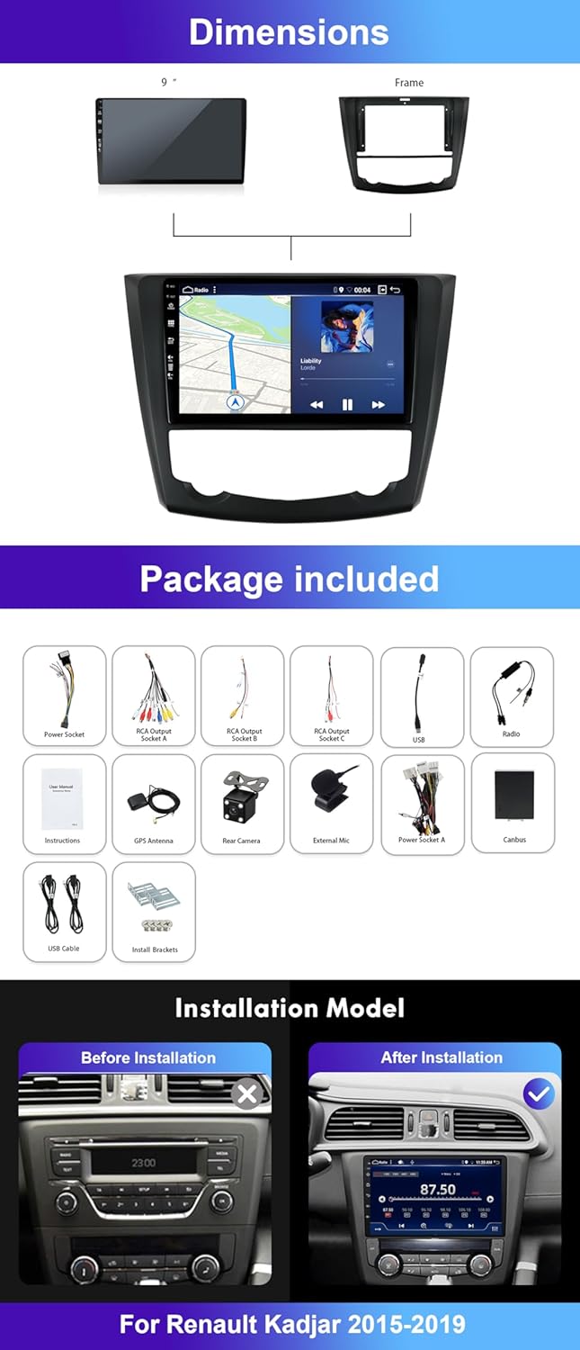 8G+256G 2 Din 9 Zoll IPS Android 14 Stereo Autoradio Für Renault Kadjar 2015-2019 mit GPS Navi Unter