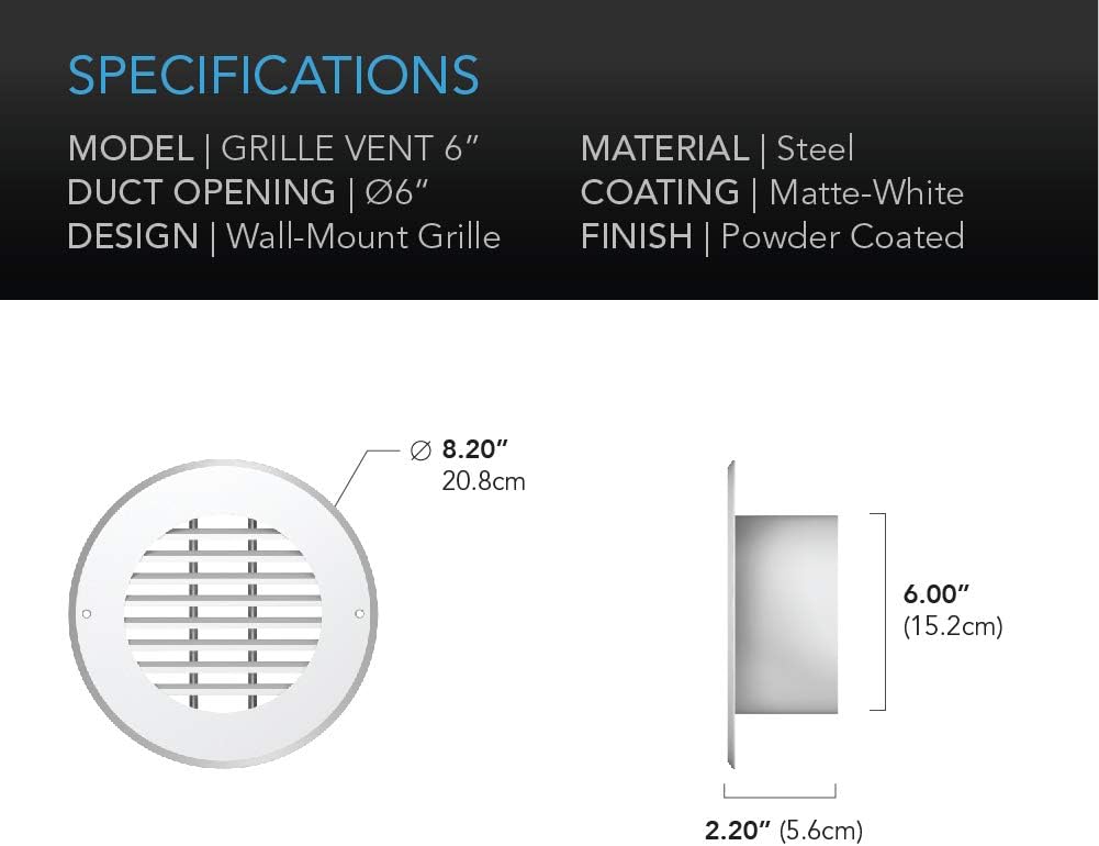 AC Infinity Wandgitter für 150 mm Lüftungsschläuche – Weisses Metall-Lüftungsgitter für Heizung, Küh