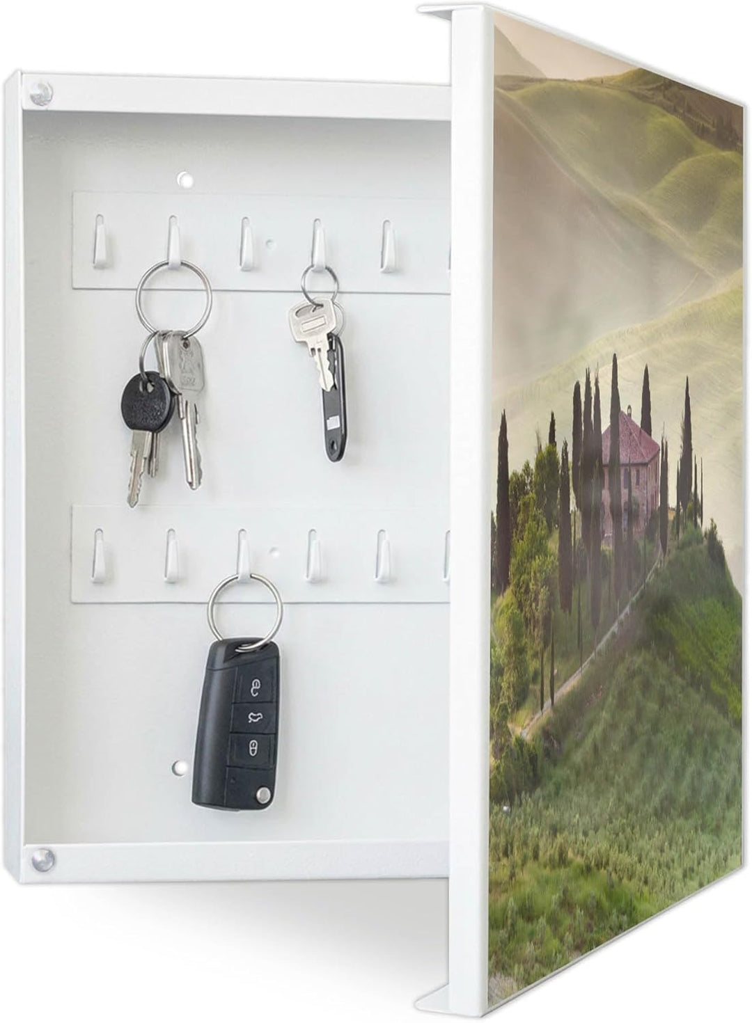 banjado® Grosser Schlüsselkasten Glas/Schlüsselbox 30cm x 30cm mit 50 Haken - Motiv Toscana/Schlüsse
