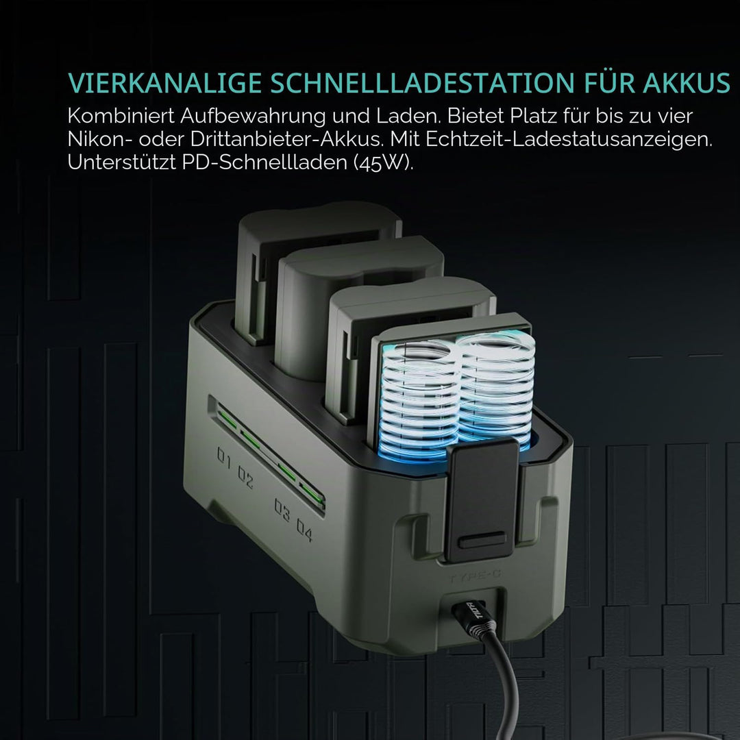 EN-EL15C Ersatzakku- und Ladegerät-Set, 2er-Pack 2400-mAh-Akkus und Vierkanal-USB-C-PD-Schnellladege