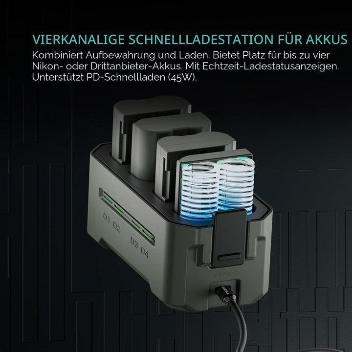 EN-EL15C Ersatzakku- und Ladegerät-Set, 2er-Pack 2400-mAh-Akkus und Vierkanal-USB-C-PD-Schnellladege