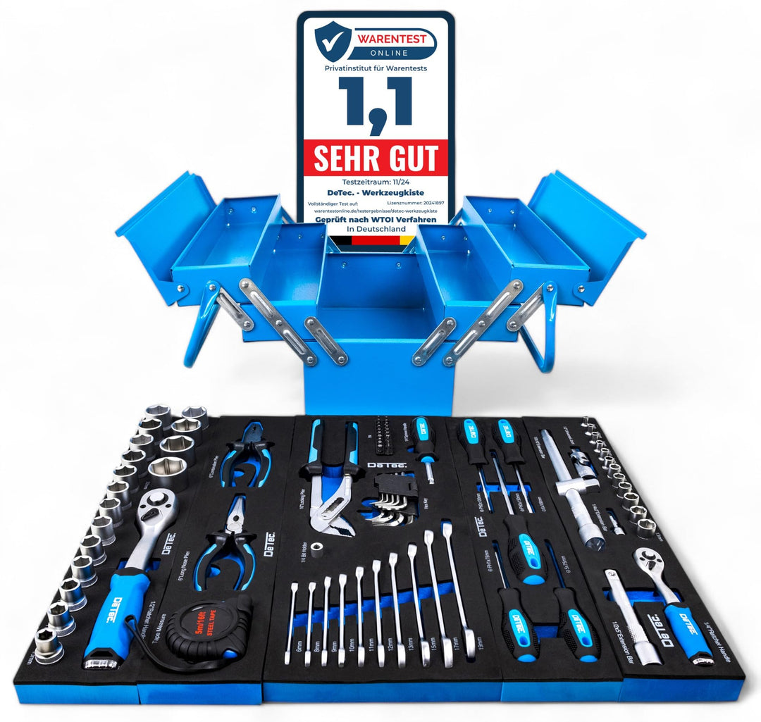 DeTec. Werkzeugkiste blue Edition | klassischer Metall-Werkzeugkasten gefüllt mit Werkzeug - 86tlg.