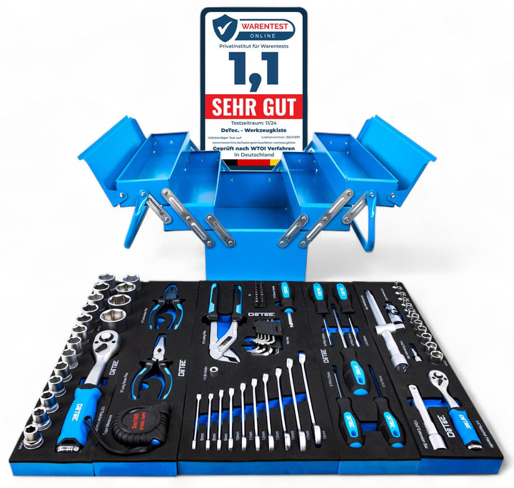 DeTec. Werkzeugkiste blue Edition | klassischer Metall-Werkzeugkasten gefüllt mit Werkzeug - 86tlg.