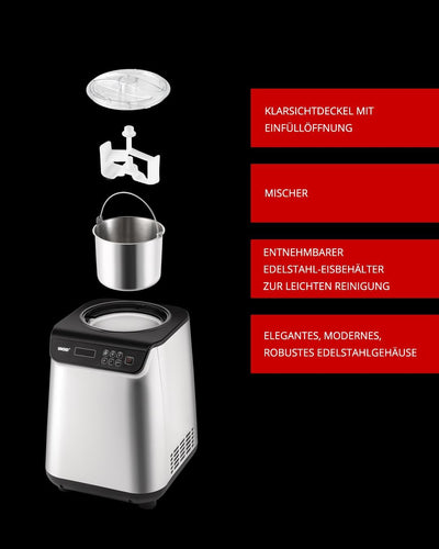 Unold EISMASCHINE UNO, mit Kompressor, 1,2 Liter Volumen, Edelstahl-Eisbehälter, mit Timer, 18/8, 1.