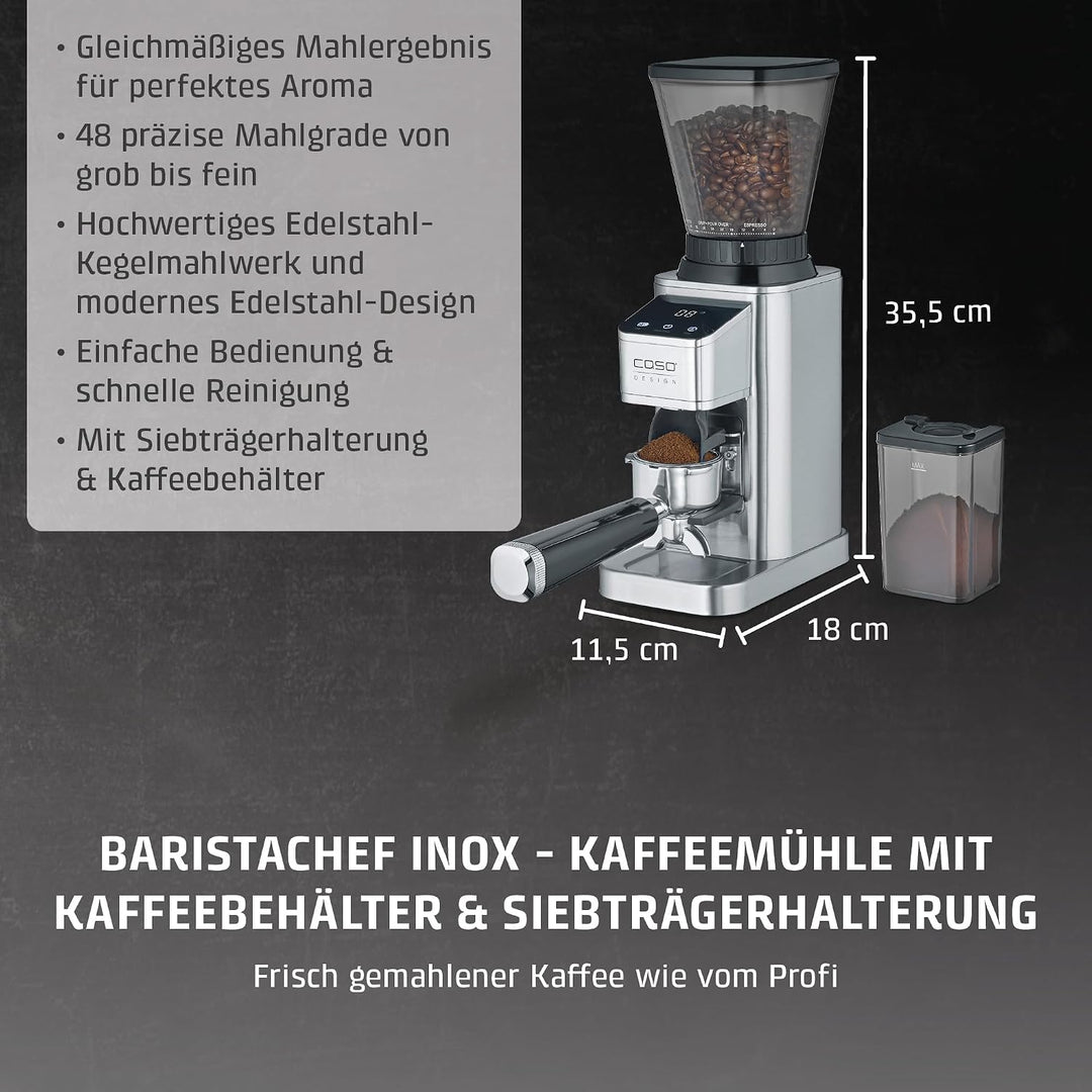 CASO BaristaChef Inox - elektrische Kaffeemühle, langlebiges Edelstahl-Kegelmahlwerk, mit Siebträger