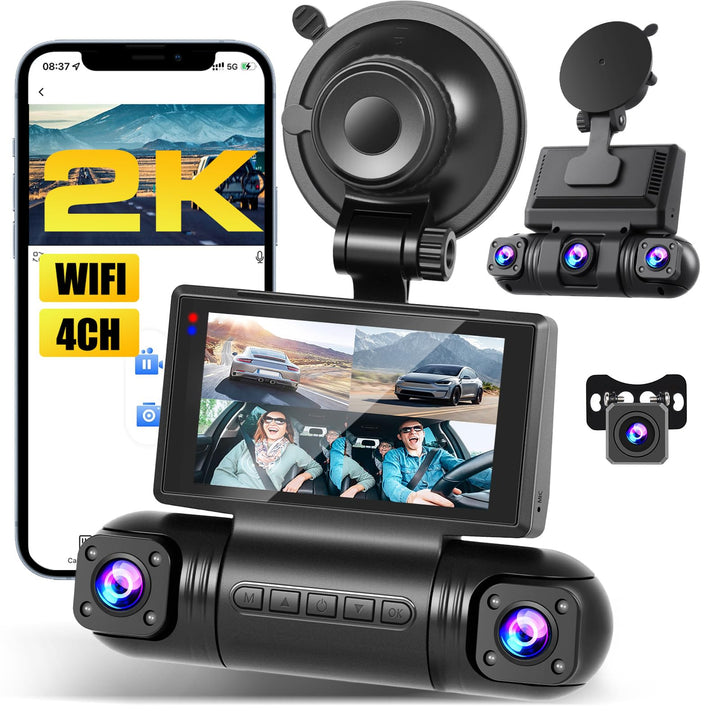2K WiFi Dashcam Auto 4 Kanal, 360 Grad Dash Cam FHD 2K Vorne + 1080P Hinten Innen Links und Rechts –