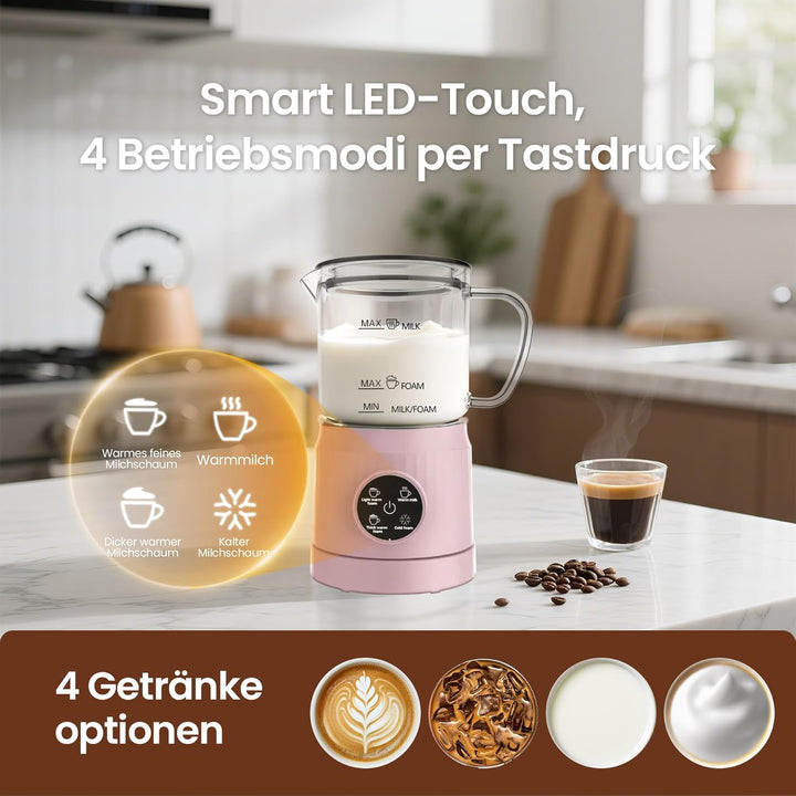 Milchaufschäumer Elektrisch 4 in 1, Automatischer Milchwärmer Milchschäumer für heiss und kalt, Glas