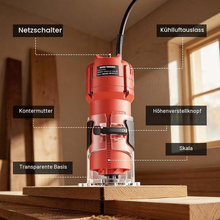 Oberfräse Trimmer 800W, 30000 U/min Einhandfräse Kantenfräse Holz Multifunktionsfräse, Handfräsmasch