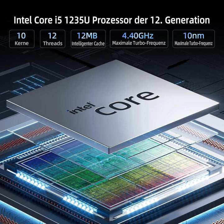 Industrieller lüfterloser Mini PC i5 1235U (10C/12T bis zu 4,4 GHz) 16GB RAM 512GB SSD, 100% geräusc