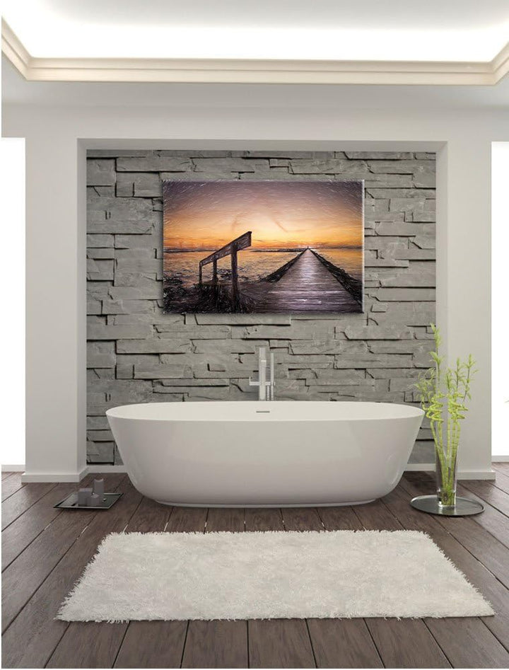 Pixxprint Langer Steg an der Nordsee / 100x70cm Leinwandbild bespannt auf Holzrahmen/Wandbild Kunstd