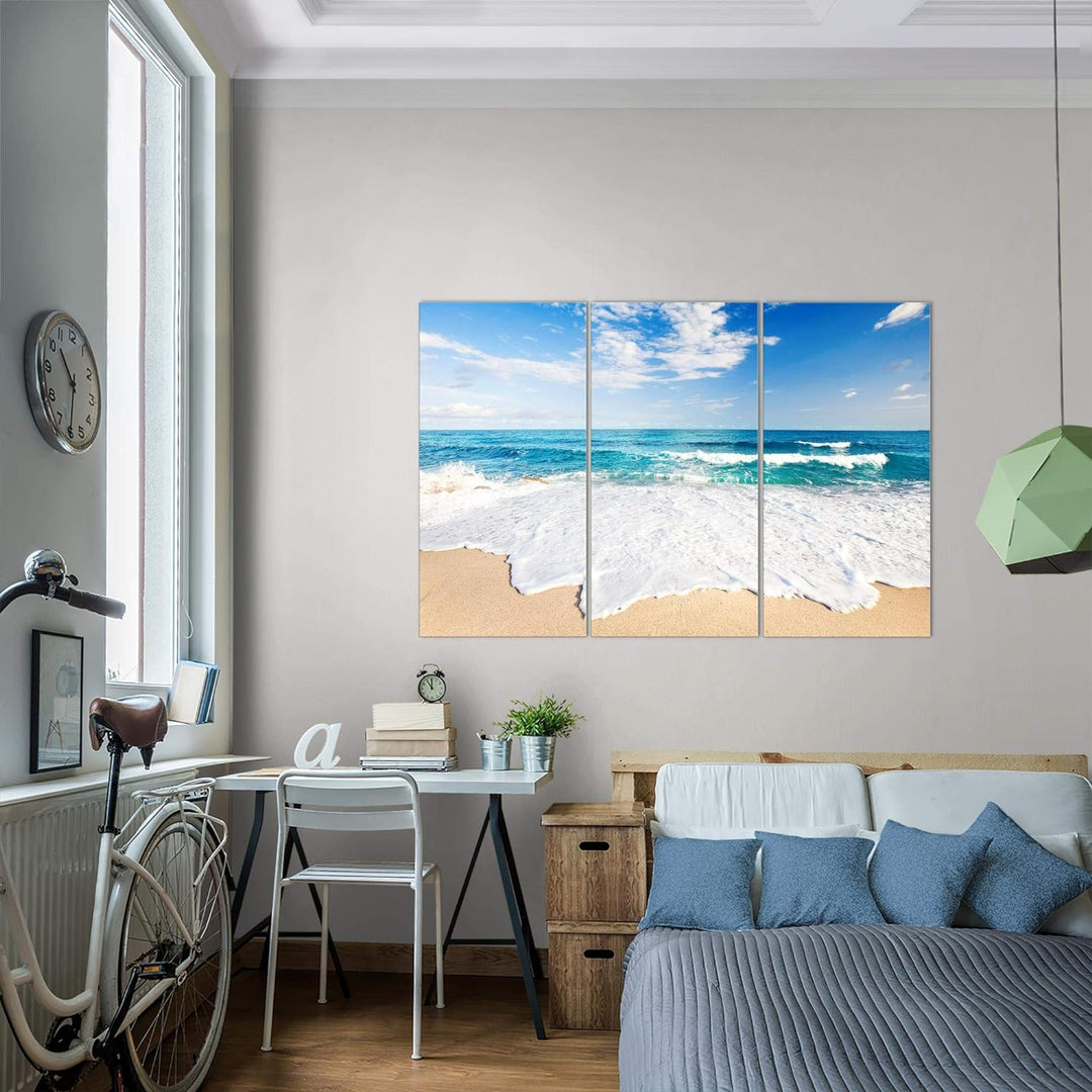 Runa Art Wandbilder Strand Meer Bild XXL Schlafzimmer Wohnzimmer Beige Blau Welle 120 x 80 cm 3 Teil