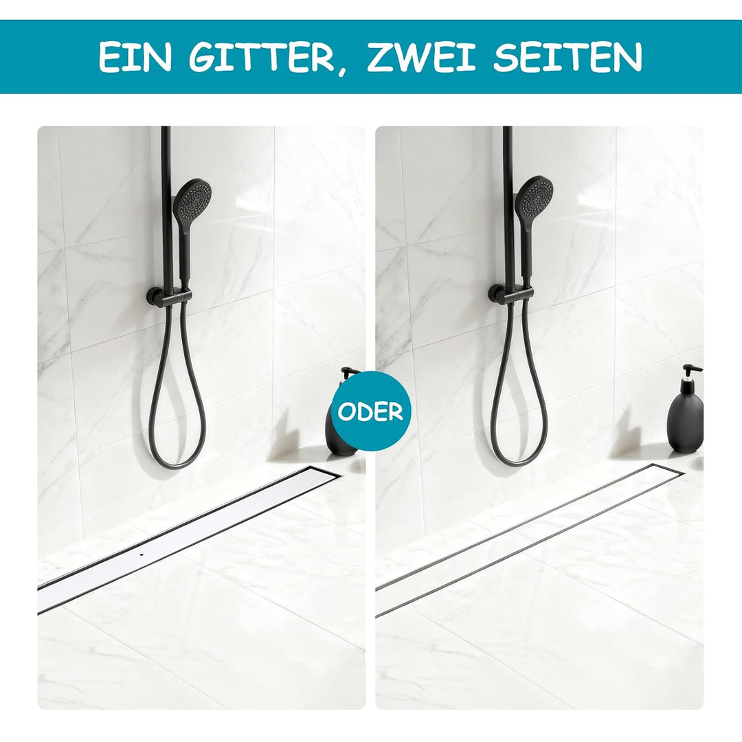 100 * 7cm Duschrinne 304 Edelstahl, Bodenablauf mit 360° Siphon Geruchsstop, 2 in1 Befliesbar Ablauf