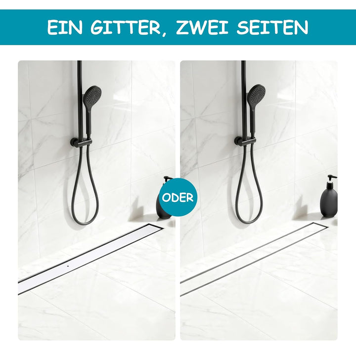 100 * 7cm Duschrinne 304 Edelstahl, Bodenablauf mit 360° Siphon Geruchsstop, 2 in1 Befliesbar Ablauf