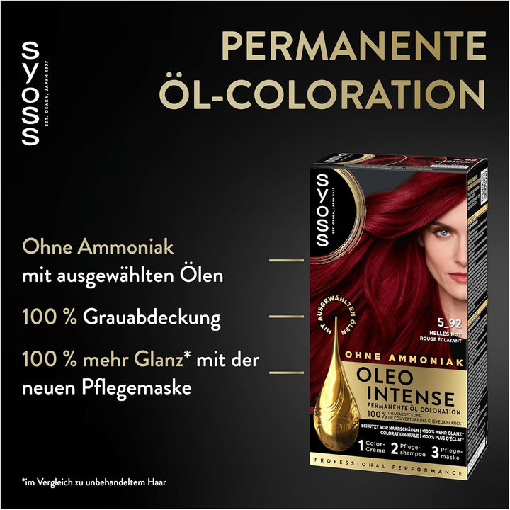Syoss Oleo Intense Öl-Coloration 10-50 5-92 Helles Rot Stufe 3 (115 ml), dauerhafte Haarfarbe mit pf