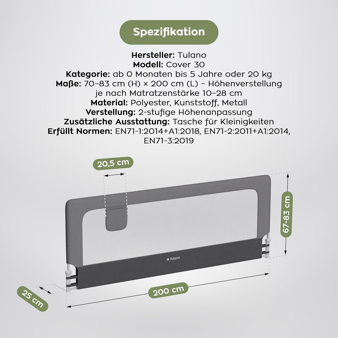 TULANO Cover 30 | Bettgitter 200 cm Bettschutzgitter Kinderbettgitter für Kinder | Klappbar 180° | G