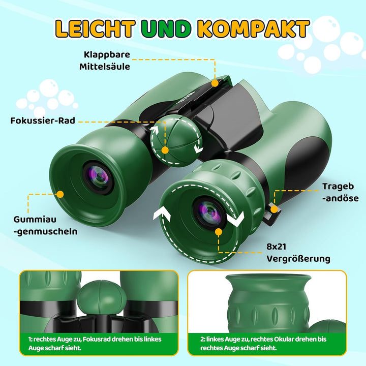GeschenPark Fernglas Abenteuer Set mit Entdeckungskarten – Kompass – Lupe, Grün 8X-Grün, 8X-Grün