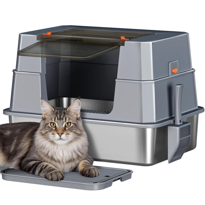 Edelstahl Katzenklo mit Deckel, XXXL Geschlossene Metall Katzentoilette, 70 x 50 x 45 cm, 105° Klapp
