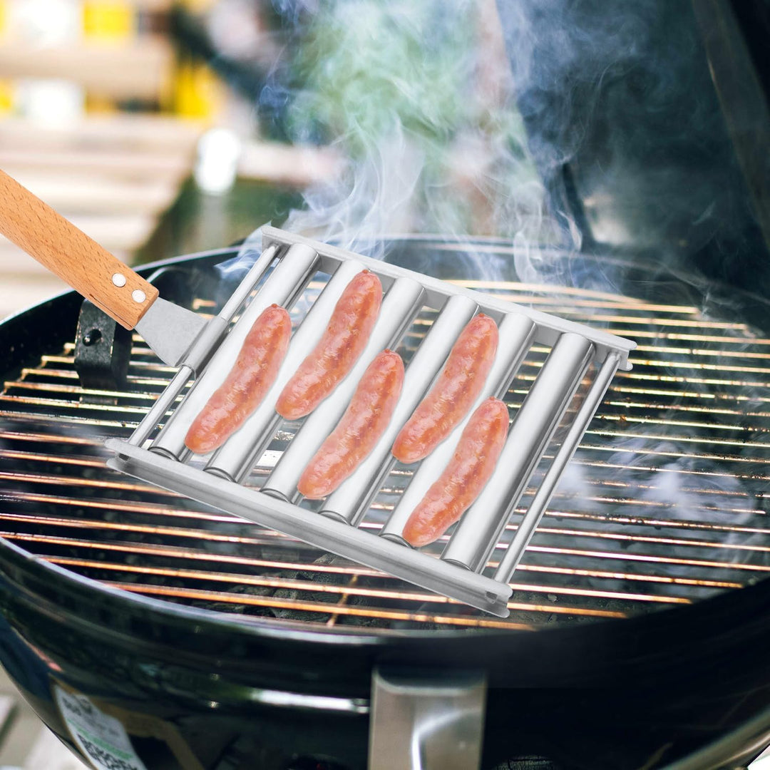 Hot Dog Roller, Edelstahl Wurstrollerständer mit 4 Gabeln und Holzgriff zubehör für grillplatte Wurs