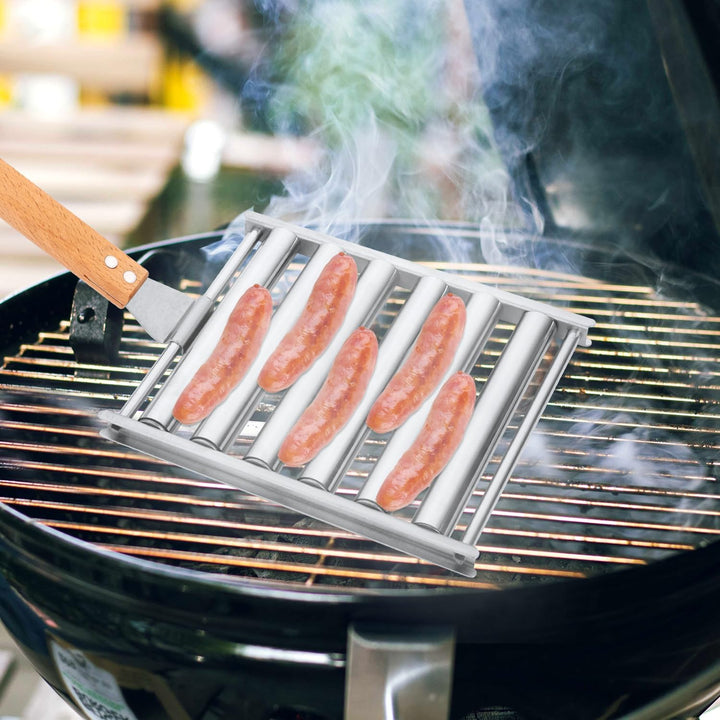 Hot Dog Roller, Edelstahl Wurstrollerständer mit 4 Gabeln und Holzgriff zubehör für grillplatte Wurs