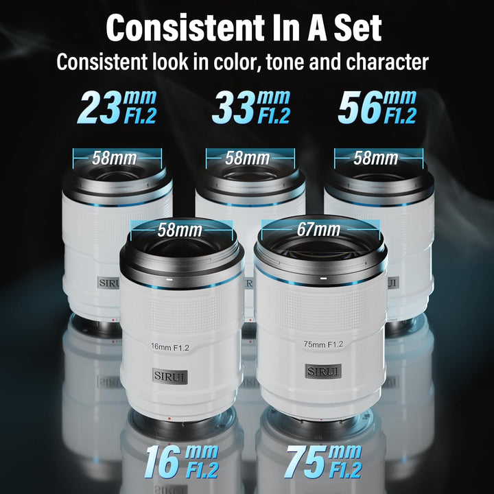 SIRUI Sniper 16mm 23mm 33mm 56mm 75mm Autofokus-Objektiv-Set, F1.2 Weitwinkel APS-C Kameraobjektiv,