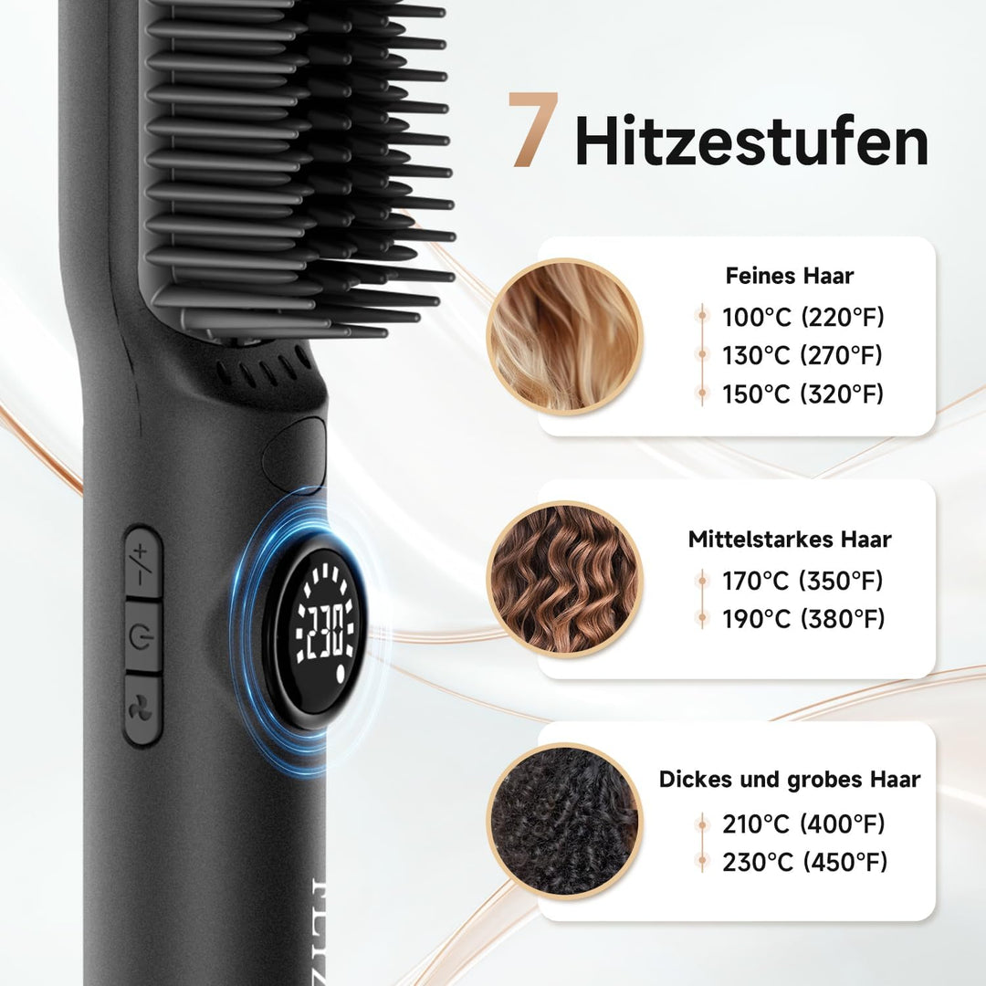 2-in-1-Glättbürste, mit eloxierten Aluminium-Zähnen und Verbrühschutz - Heizt gleichmässig für schön