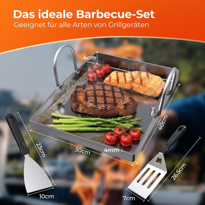 Plancha Grillplatte 40 x 30 cm mit Perforation, 4 mm Edelstahlplatte, hitzebeständig & verformungsfr