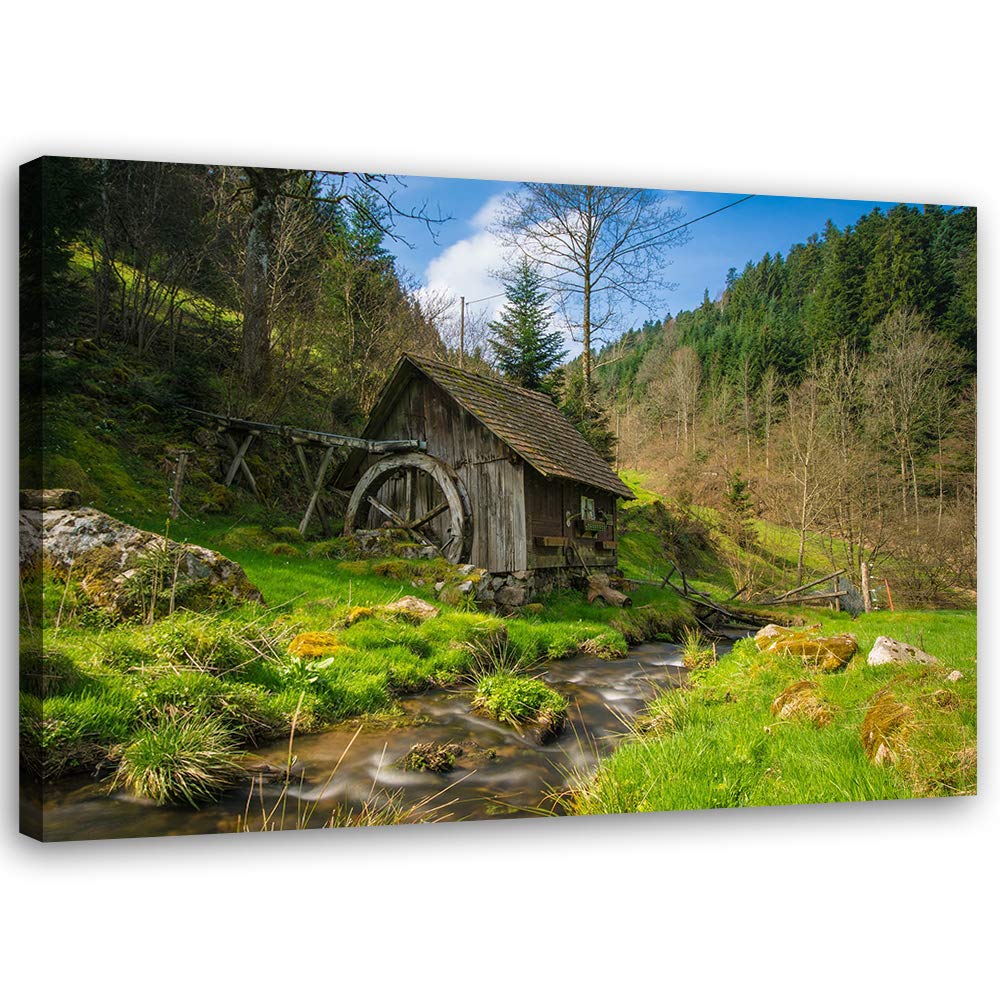 Feeby Leinwandbild Bach Bild Kunstdruck Hütte Grün 70x50 cm