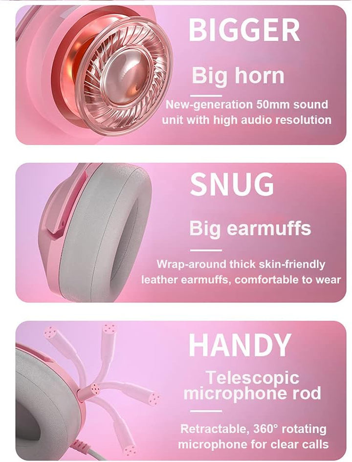 Gaming-Headset Pink, Niedliches Katzenohr-Headset, 7.1-Surround-Sound-Gaming-Headset Mit Einstellbar