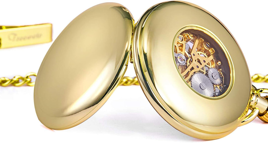 TREEWETO Unisex Taschenuhr mit Kette Analog Handaufzug Skelett Hochglanz Poliert Gold