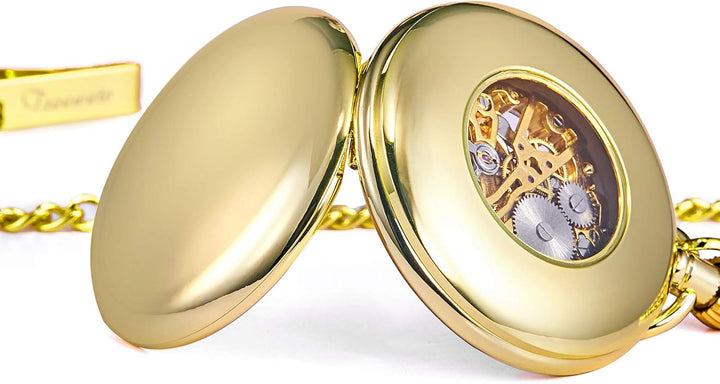 TREEWETO Unisex Taschenuhr mit Kette Analog Handaufzug Skelett Hochglanz Poliert Gold