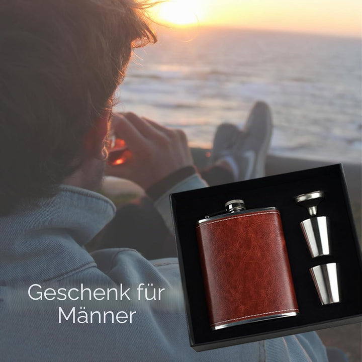 Eiarrnp 8oz Braun Leder Klein Flachmann für Männer Frauen Leckenschutz Flachmann Set for Whiskey Vod