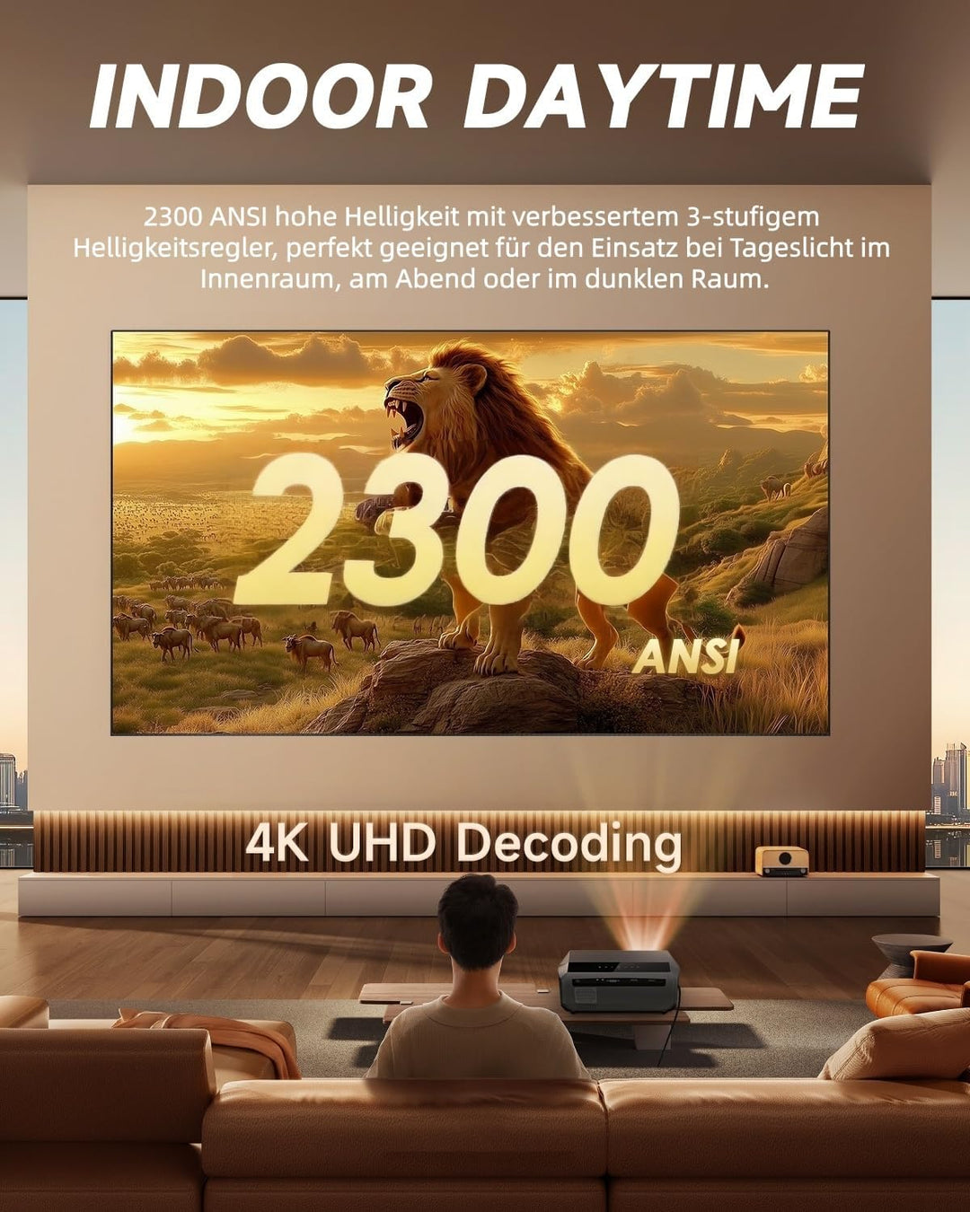 Smart Beamer 4K Wlan Bluetooth NFC, HDR LED Ultra HD 4K Beamer Heimkino Gaming 2300 ANSI Tageslicht,