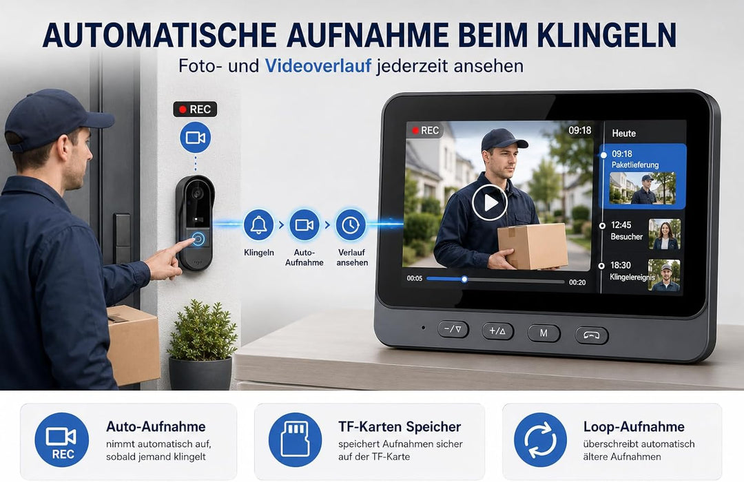 TKMARS Video Türklingel Kabellos Videotürklingel mit Monitor 170°Türklingel mit Kamera Unterstützt B