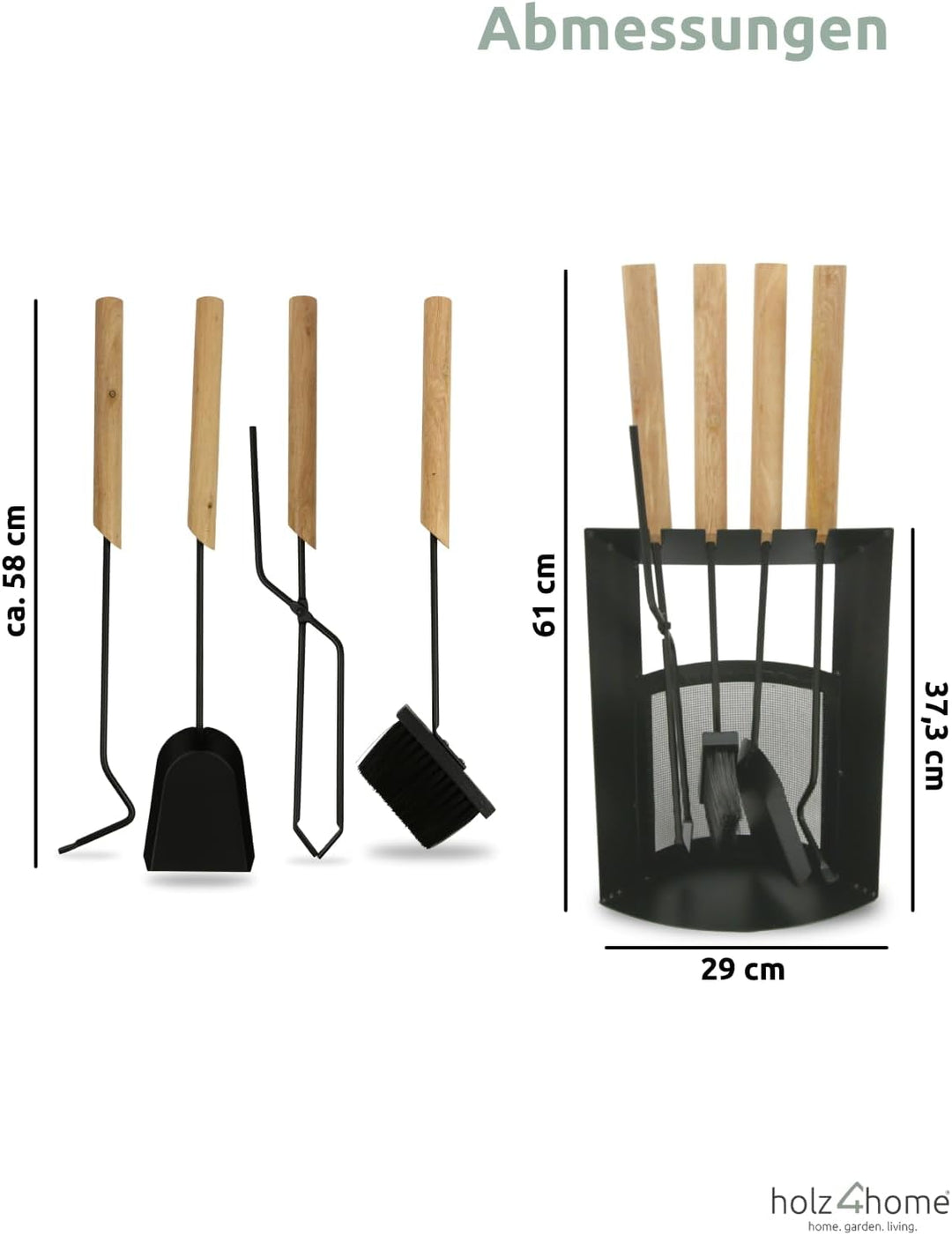 holz4home® Kaminbesteck 6-tlg. Schwarz mit Holzgriff inkl. Ofenhandschuh hitzebeständig I Kaminset K