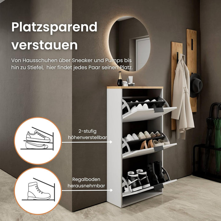 Planetmöbel Schuhschrank schmal mit 3 Klappen platzsparender Schuhregal mit 6 Ablagen, Schuhkommode