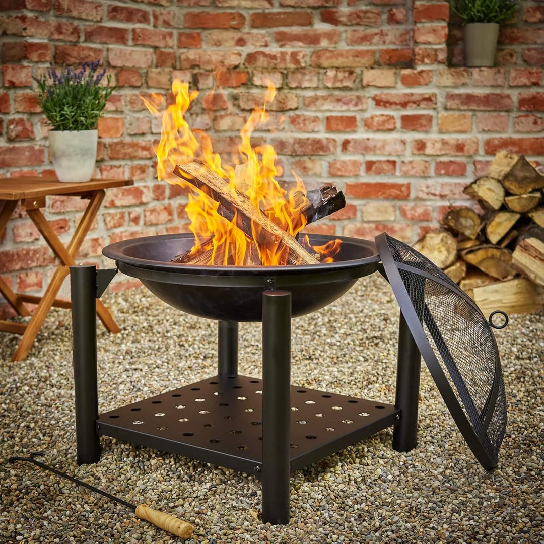 GARDEBRUK® Feuersschale mit Funkenschutz Rund Ø55cm Schürhaken Ablagefach Stahl Schwarz Terrasse Gar