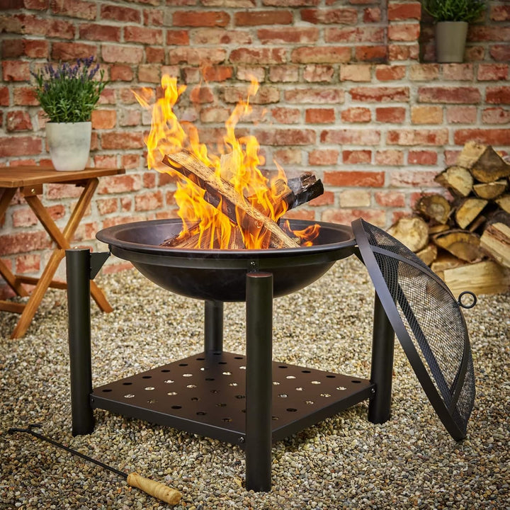 GARDEBRUK® Feuersschale mit Funkenschutz Rund Ø55cm Schürhaken Ablagefach Stahl Schwarz Terrasse Gar