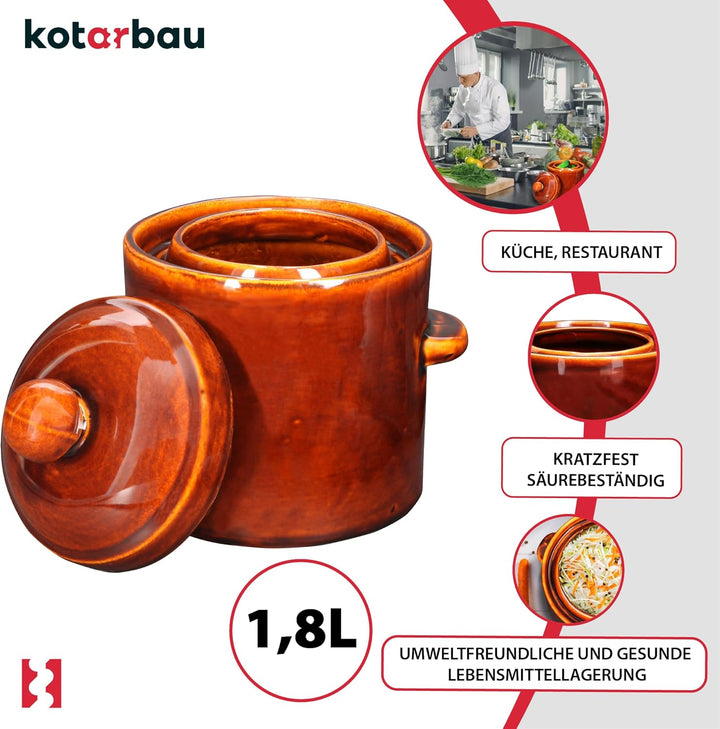 KOTARBAU® Gärtopf 1,8 L Braun Steinzeugtopf mit Hermetikdeckel Gurkentopf Sauerkrauttopf Einmachtopf