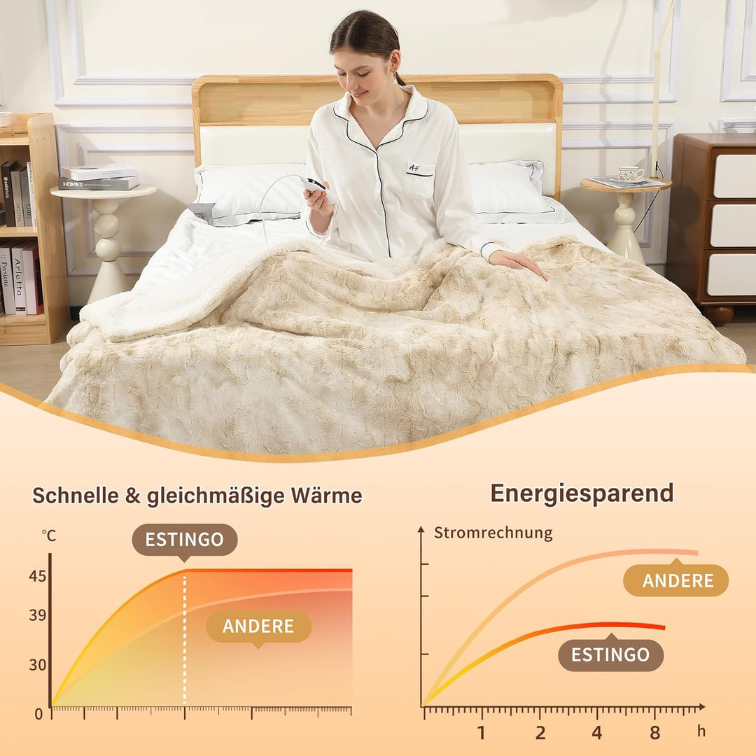 ESTINGO Elektrische Heizdecke 180x130cm, Elektrische Wärmedecke mit Timer Abschaltautomatik, 6 Heizs