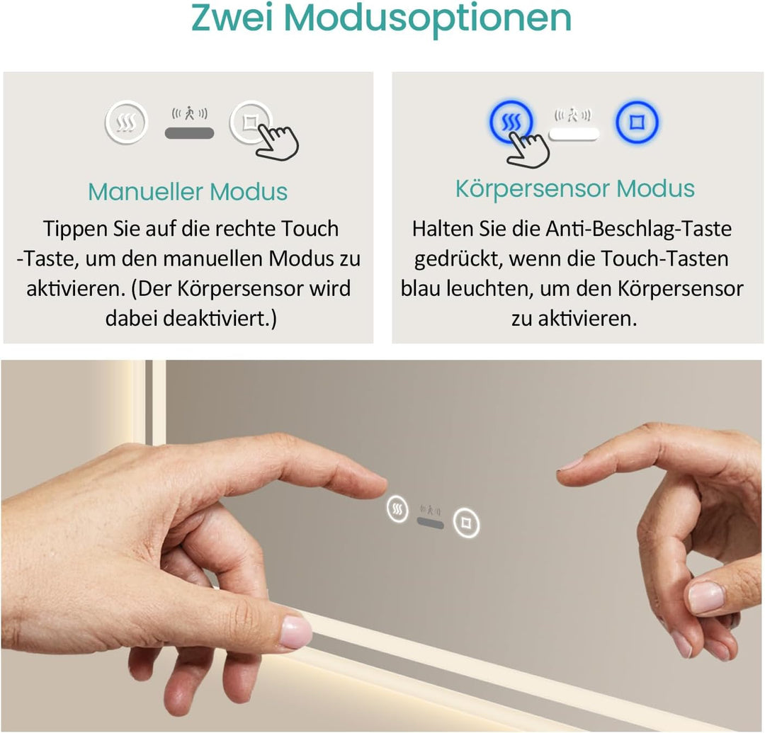 EMKE LED Badspiegel 70x50 cm mit Bewegungssensor, 3 dimmbare Lichtfarben, beschlagfrei, Touch, autom