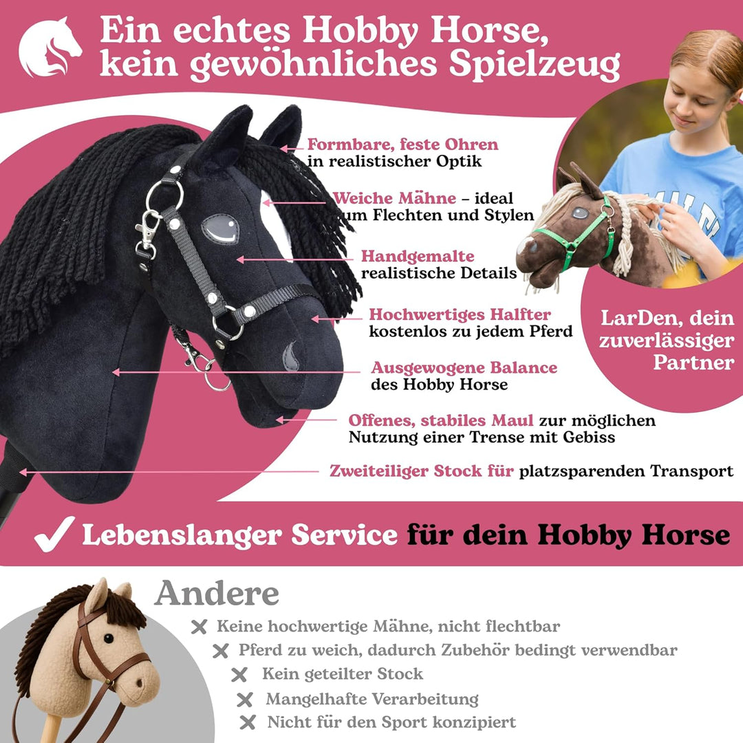 LarDen Hobby Horse - Schwarz Steckenpferd Cloony mit Halfter S, Stockpferd Für Kleine, HANDGEFERTIGT
