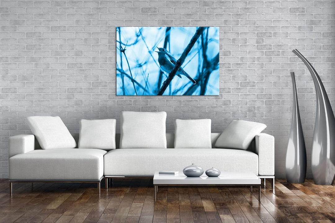 deyoli singendes Rotkehlchen Format: 80x60 Effekt: Monocrome Blau als Leinwandbild, Motiv fertig ger