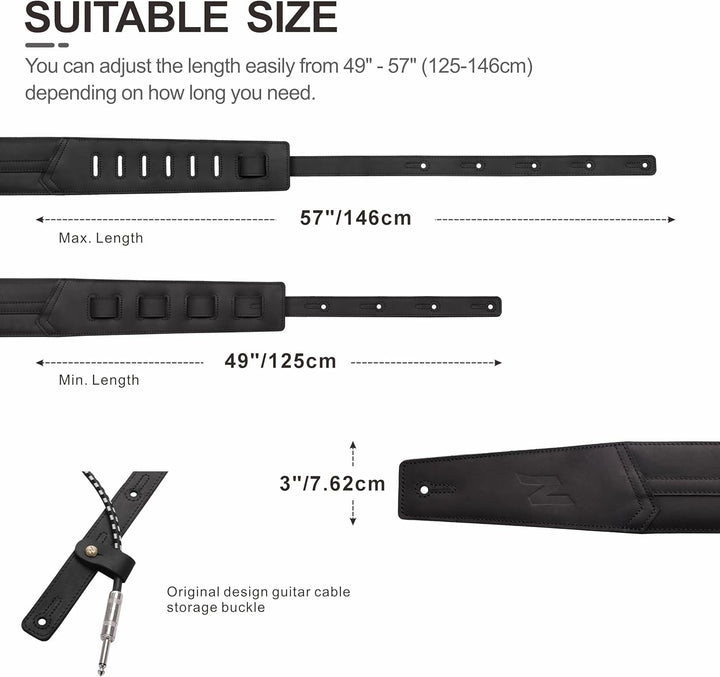 Nefelibata 3" Gitarrengurt, hochwertiges Vollnarbenleder, 57" lang mit Schaumstoffpolsterung, für Ba