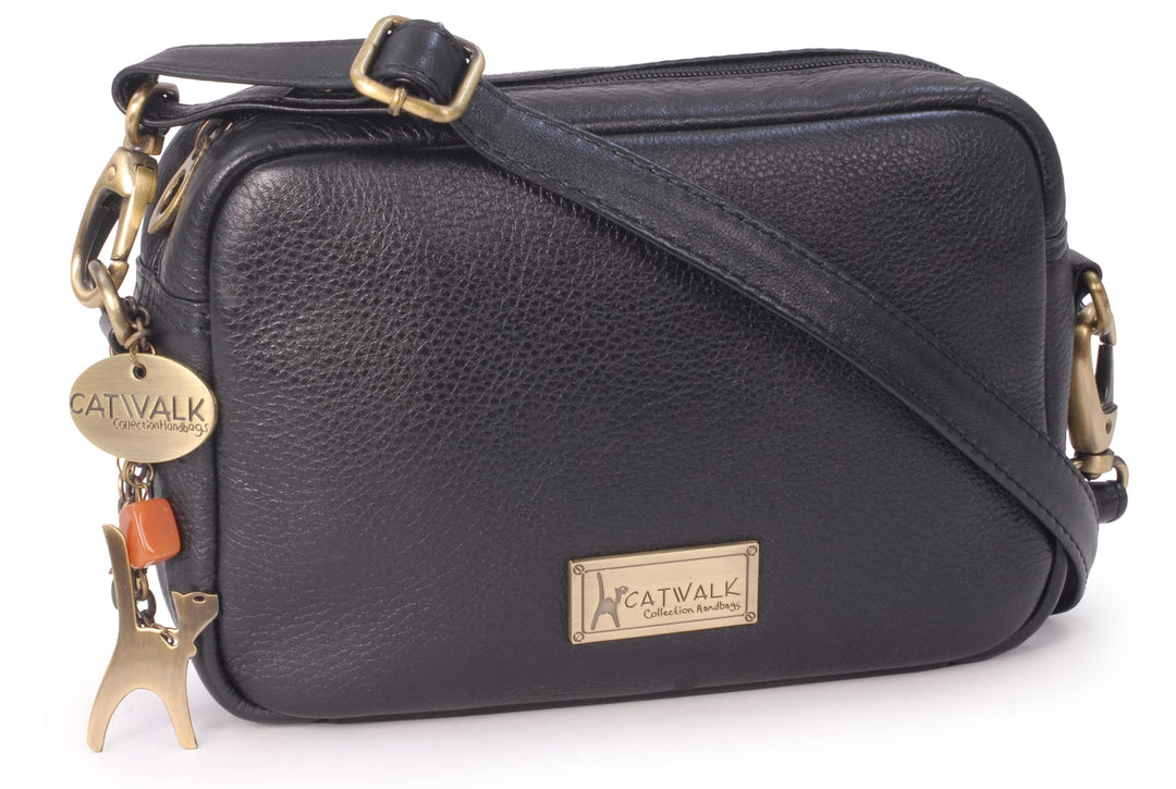 Catwalk Collection Handbags - Leder - Klein Umhängetasche Messenger/Schultertasche - POLLY Schwarz,